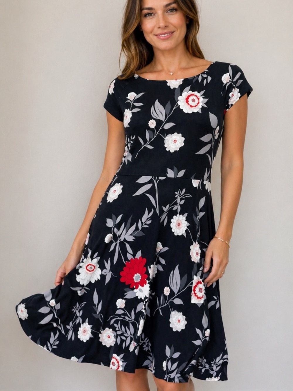 LOFT Black Floral Boatneck Fit & Flare Midi Dress Stretch Size S